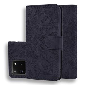 huismerk Voor Samsung Galaxy S20 Ultra Reliëf Zonnebloempatroon Horizontaal Flip PU Lederen hoesje met Holder & Card Slots & Wallet & Lanyard(Zwart)