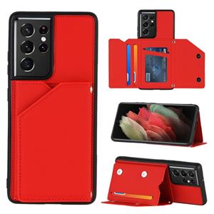 huismerk Voor Samsung Galaxy S21 Ultra 5G Skin Feel PU + TPU + PC Back Cover Shockproof case met Kaartslots & Houder & Fotolijst(Rood)