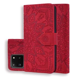 huismerk Voor Samsung Galaxy S20 Ultra Reliëf Zonnebloempatroon Horizontaal Flip PU Lederen hoes met Holder & Card Slots & Wallet & Lanyard(Red)