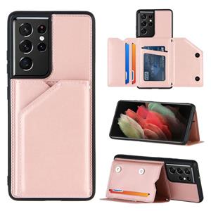 huismerk Voor Samsung Galaxy S21 Ultra 5G Skin Feel PU + TPU + PC Back Cover Shockproof case met Card Slots & Holder & Photo Frame(Rose Gold)