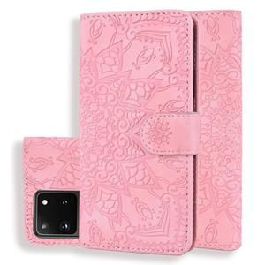 huismerk Voor Samsung Galaxy S20 Ultra Reliëf Zonnebloempatroon Horizontaal Flip PU Lederen hoesje met Holder & Card Slots & Wallet & Lanyard(Pink)