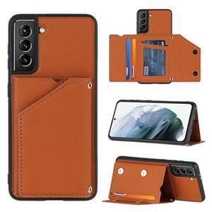 huismerk Voor Samsung Galaxy S21+ 5G Skin Feel PU + TPU + PC Back Cover Shockproof case met Card Slots & Holder & Photo Frame(Brown)