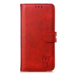 huismerk Voor iPhone 12 In reliëf Happy Cat Pattern Horizontale Flip Lederen Case met Holder & Card Slots & Wallet & Photo Frame(Rood)