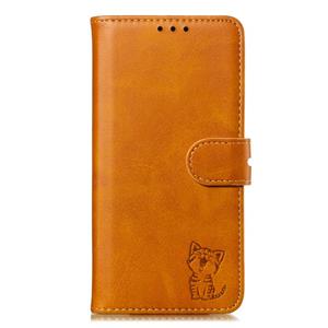 huismerk Voor iPhone 12 In reliëf Happy Cat Patroon Horizontale Flip Lederen Case met Holder & Card Slots & Wallet & Photo Frame(Geel)