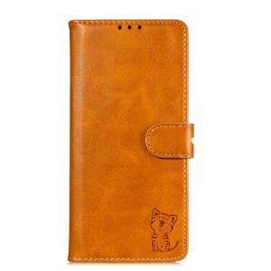 huismerk Voor Samsung Galaxy Note20 Ultra Embossed Happy Cat Pattern Horizontale Flip Lederen Case met Holder & Card Slots & Wallet & Photo Frame(Geel)