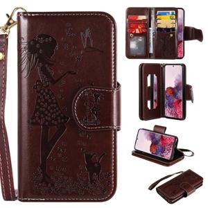 huismerk Voor Samsung Galaxy S20 Woman en Cat Embossed Horizontal Flip Leather Case met Card Slots & Holder & Wallet & Photo Frame & Mirror & Lanyard(Brown)