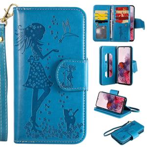 huismerk Voor Samsung Galaxy S20 Woman en Cat Embossed Horizontal Flip Leather Case met Card Slots & Holder & Wallet & Photo Frame & Mirror & Lanyard(Blue)