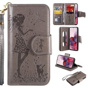 huismerk Voor Samsung Galaxy S20 Woman en Cat Embossed Horizontal Flip Leather Case met Card Slots & Holder & Wallet & Photo Frame & Mirror & Lanyard(Grey)