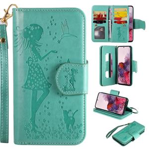 huismerk Voor Samsung Galaxy S20 Woman en Cat Embossed Horizontal Flip Leather Case met Card Slots & Holder & Wallet & Photo Frame & Mirror & Lanyard(Groen)