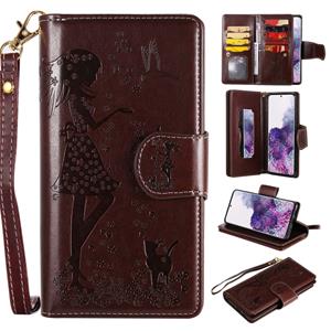 huismerk Voor Samsung Galaxy S20+ Woman en Cat Embossed Horizontal Flip Leather Case met Card Slots & Holder & Wallet & Photo Frame & Mirror & Lanyard(Brown)