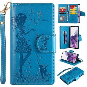 huismerk Voor Samsung Galaxy S20+ Woman en Cat Embossed Horizontal Flip Leather Case met Card Slots & Holder & Wallet & Photo Frame & Mirror & Lanyard(Blue)