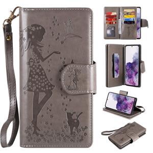 huismerk Voor Samsung Galaxy S20+ Woman en Cat Embossed Horizontal Flip Leather Case met Card Slots & Holder & Wallet & Photo Frame & Mirror & Lanyard(Grey)