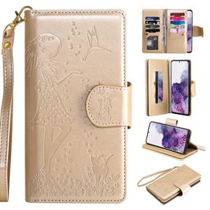 huismerk Voor Samsung Galaxy S20+ Woman en Cat Embossed Horizontal Flip Leather Case met Card Slots & Holder & Wallet & Photo Frame & Mirror & Lanyard(Gold)