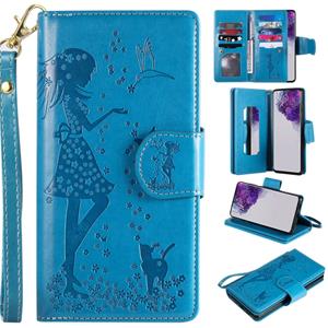 huismerk Voor Samsung Galaxy S20 Ultra Woman en Cat Embossed Horizontal Flip Leather Case met Card Slots & Holder & Wallet & Photo Frame & Mirror & Lanyard(Bl