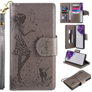 huismerk Voor Samsung Galaxy S20 Ultra Woman en Cat Embossed Horizontal Flip Leather Case met Card Slots & Holder & Wallet & Photo Frame & Mirror & Lanyard(Gr