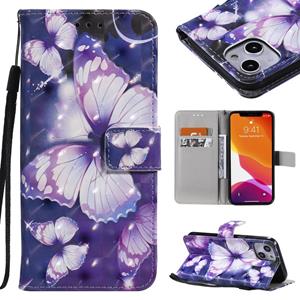 huismerk 3D Painted Pattern Horizontal Flip Leather Case with Holder & Card Slots & Wallet For iPhone 13(Purple Butterfly)