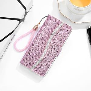 huismerk Glitter poeder horizontale flip lederen tas met kaart slots & houder & lanyard voor iPhone 13 mini