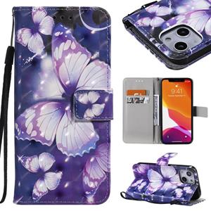 huismerk 3D Painted Pattern Horizontal Flip Leather Case with Holder & Card Slots & Wallet For iPhone 13 Mini(Purple Butterfly)