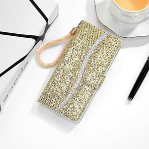 huismerk Glitter poeder horizontale flip lederen tas met kaart slots & houder & lanyard voor iphone 13 mini