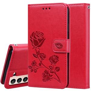 huismerk Voor Samsung Galaxy S21 5G Rose Reliëf Horizontale Flip PU Lederen Hoesje met Houder & Kaart Slots &Portemonnee (Rood)