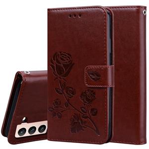 huismerk Voor Samsung Galaxy S21 5G Rose Reliëf Horizontale Flip PU Lederen Hoesje met Houder &Amp; Kaart Slots &Portemonnee (Bruin)