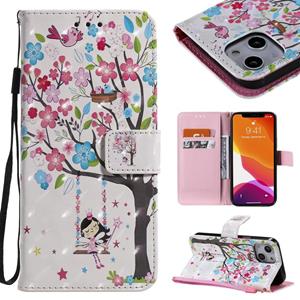 huismerk 3D Painted Pattern Horizontal Flip Leather Case with Holder & Card Slots & Wallet For iPhone 13 Mini(Girl Under The Tree)