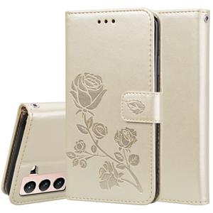 huismerk Voor Samsung Galaxy S21 5G Rose Reliëf Horizontale Flip PU Lederen Hoesje met Houder &Amp; Kaart Slots &Portemonnee (Goud)