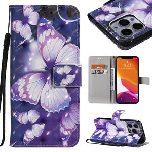 huismerk 3D Painted Pattern Horizontal Flip Leather Case with Holder & Card Slots & Wallet For iPhone 13 Pro(Purple Butterfly)