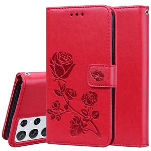 huismerk Voor Samsung Galaxy S21 Ultra 5G Rose Reliëf Horizontale Flip PU Lederen Hoesje met Houder &Amp; Kaart Slots &Portemonnee (Rood)