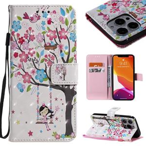 huismerk 3D Painted Pattern Horizontal Flip Leather Case with Holder & Card Slots & Wallet For iPhone 13 Pro(Girl Under The Tree)