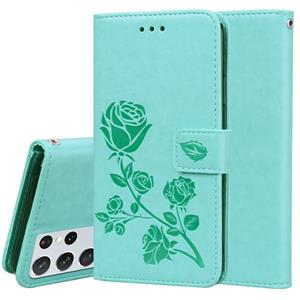 huismerk Voor Samsung Galaxy S21 Ultra 5G Rose Reliëf Horizontale Flip PU Lederen Hoesje met Houder & Kaart Slots &Portemonnee (Groen)