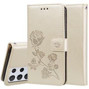 huismerk Voor Samsung Galaxy S21 Ultra 5G Rose Reliëf Horizontale Flip PU Lederen Hoesje met Houder &Amp; Kaart Slots &Portemonnee (Goud)