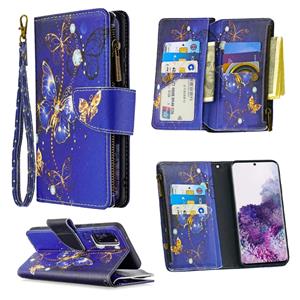 huismerk Voor Samsung Galaxy S20+ Gekleurd tekenpatroon Rits Horizontale Flip Lederen case met Holder & Card Slots & Wallet(Purple Butterfly)