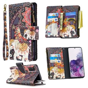 huismerk Voor Samsung Galaxy S20+ Gekleurd tekenpatroon Rits Horizontale Flip Lederen Case met Holder & Card Slots & Wallet(Bloemen en olifanten)