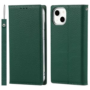 huismerk Litchi Texture Lederen telefoonhoesje met Lanyard & Holder & Card Slots & Wallet voor iPhone 13 (Dark Green)