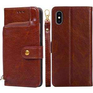 huismerk Zipper Bag PU + TPU Horizontale Flip Lederen Case met Houder & Card Slot & Wallet & Lanyard voor iPhone XS MAX (Brown)