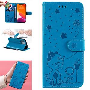 huismerk Cat Bee Embossing Pattern Shockproof Horizontal Flip Leather Case with Holder & Card Slots & Wallet For iPhone 13 mini(Blue)