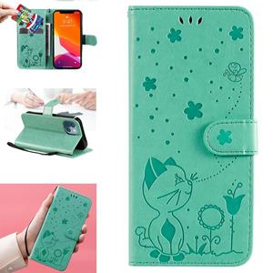 huismerk Cat Bee Embossing Pattern Shockproof Horizontal Flip Leather Case with Holder & Card Slots & Wallet For iPhone 13 mini(Green)