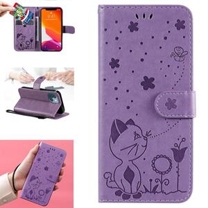 huismerk Cat Bee Embossing Pattern Shockproof Horizontal Flip Leather Case with Holder & Card Slots & Wallet For iPhone 13 mini(Purple)