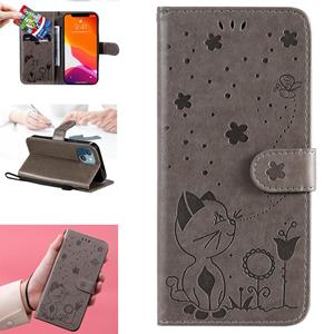 huismerk Cat Bee Embossing Pattern Shockproof Horizontal Flip Leather Case with Holder & Card Slots & Wallet For iPhone 13 mini(Grey)