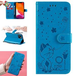 huismerk Cat Bee Embossing Pattern Shockproof Horizontal Flip Leather Case with Holder & Card Slots & Wallet For iPhone 13(Blue)