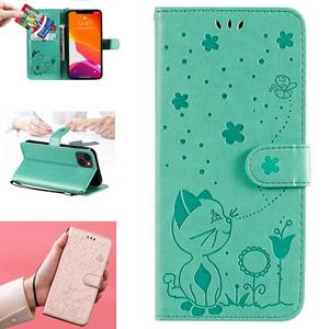 huismerk Cat Bee Embossing Pattern Shockproof Horizontal Flip Leather Case with Holder & Card Slots & Wallet For iPhone 13(Green)