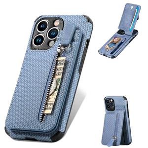 huismerk Koolstofvezel verticale flip ritssluiting telefoonhoesje voor iPhone 13 Pro Max