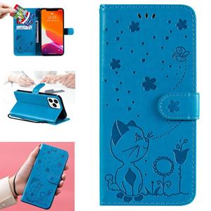 huismerk Cat Bee Embossing Pattern Shockproof Horizontal Flip Leather Case with Holder & Card Slots & Wallet For iPhone 13 Pro Max(Blue)