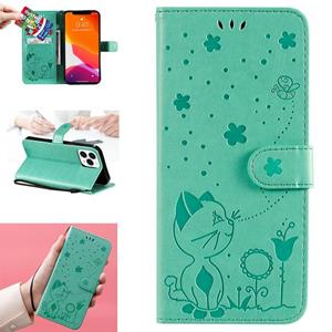 huismerk Cat Bee Embossing Pattern Shockproof Horizontal Flip Leather Case with Holder & Card Slots & Wallet For iPhone 13 Pro Max(Green)