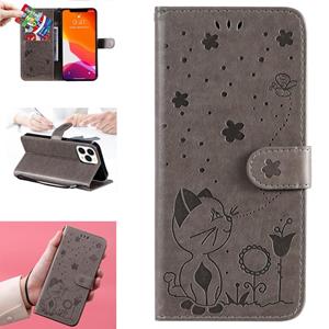 huismerk Cat Bee Embossing Pattern Shockproof Horizontal Flip Leather Case with Holder & Card Slots & Wallet For iPhone 13 Pro Max(Grey)