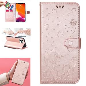 huismerk Cat Bee Embossing Pattern Shockproof Horizontal Flip Leather Case with Holder & Card Slots & Wallet For iPhone 13 Pro Max(Rose Gold)