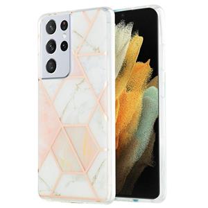 huismerk Voor Samsung Galaxy S21 Ultra 5G 3D Electroplating Marble Pattern TPU Beschermhoes (Roze Wit)