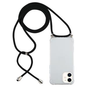 huismerk Voor iPhone 12 mini Vierhoek schokbestendige transparante TPU-hoes met Lanyard(Zwart)