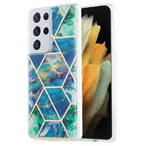 huismerk Voor Samsung Galaxy S21 Ultra 5G 3D Electroplating Marble Pattern TPU Beschermhoes (blauwgroen)